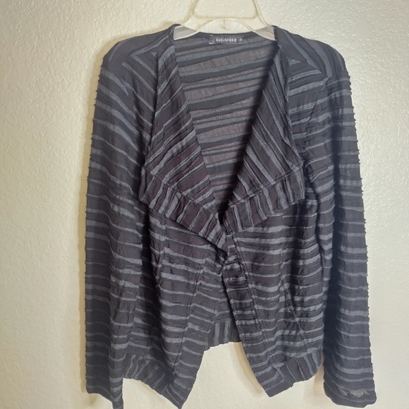 Cut Loose Textured Ruffle Sheer Stripe Cardigan Jacket Lagenlook Black Sz L - Picture 1 of 6